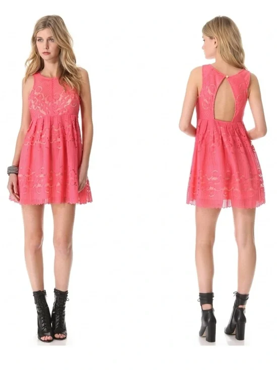 FREE PEOPLE 8 Rocco Dress in Cherry • Coral Pink Lace Fit & Flare Open Back Mini - Picture 10 of 11